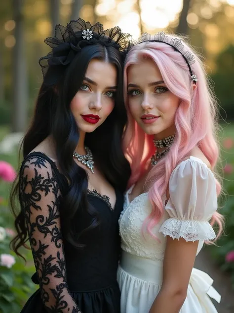 A striking contrast between two beautiful girls standing side by side in an elegant garden. The gothic girl has long, silky blac...