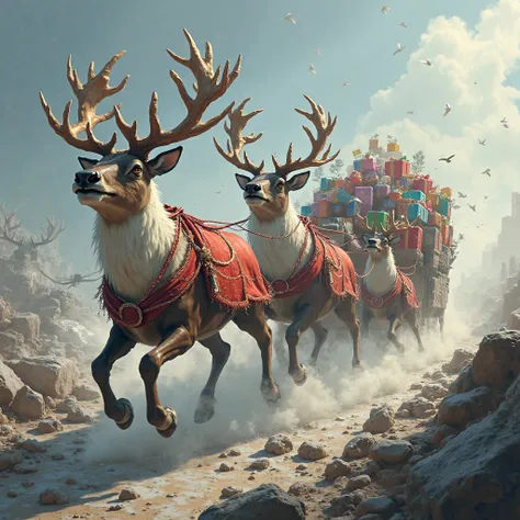 5 reindeer are pulling a sleigh full of presents with strings、Reindeer are running at full power even though they are burning、Th...