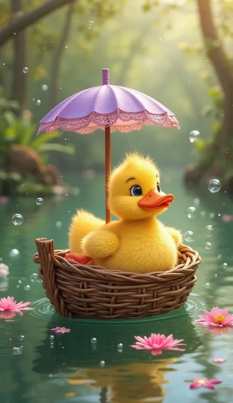 yellow duck sitting in brown, wicker boat. The duck has a large, expressive eyes and fluffy feathers, with colorful accents on t...