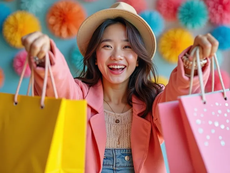 A young Korean woman showing off on social media with a colorful decoration and carrying a shopping bag
