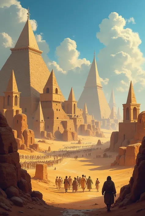 Epic scene of Nimrod, son of Cush, described as a 'mighty hunter', founding important cities in Mesopotamia. Elements such as To...