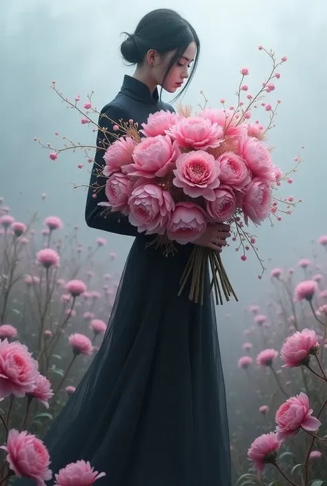 Create image of featuring a person in black holding a large bouquet of pink peonies in a dreamy, foggy setting.