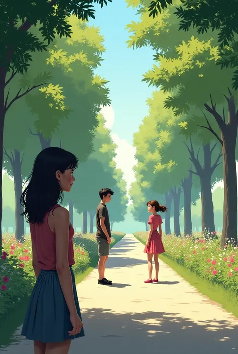 Girl sees a boy with another girl walking in a park