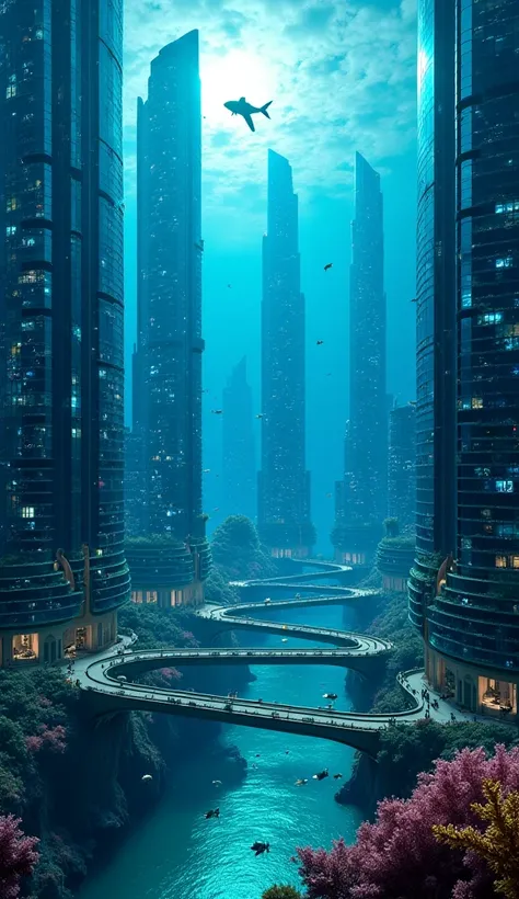 "A breathtaking underwater city with towering glass skyscrapers reflecting neon blue and green lights. Marine creatures swim b...