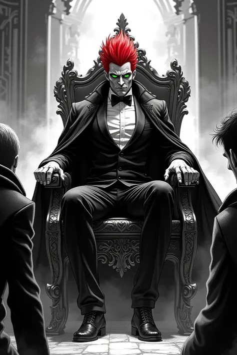 Villain of chaos with an intimidating appearance, that he has elegant clothes, with red hair and green eyes sitting on his great...