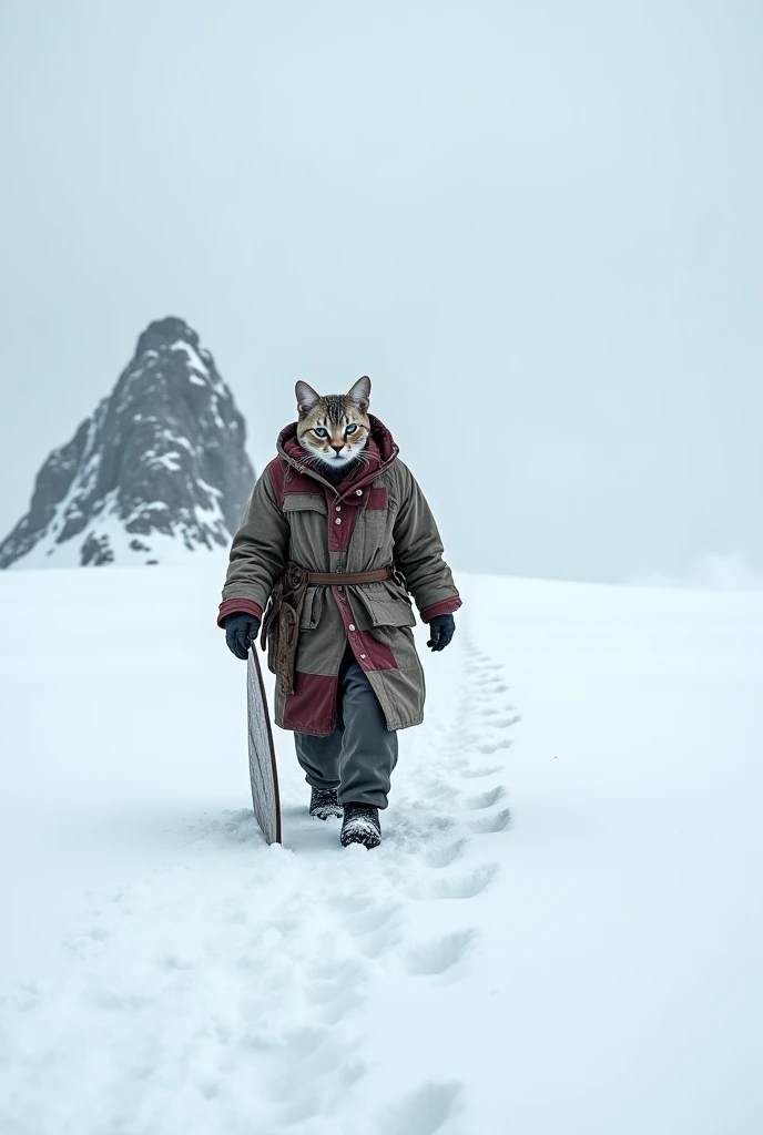Elias an Old cat-like features whiskers, tail, pointed ears, alone, wearing his old patched coat, trudges through the Antarctic ...