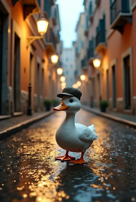A street at night with the ground wet from the rain in Rome, In the middle of the street there is a white duck wearing a cap.