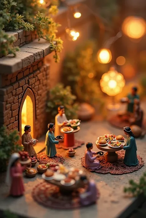 "A charming miniature scene of a small Ramadan street setup, where tiny figures are joyfully distributing Aftari. Tiny tables ar...
