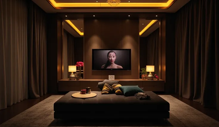 "Create an ultra-realistic 4K nighttime image of a boutique hotel living room, with an extremely luxurious, intimate and sexy at...