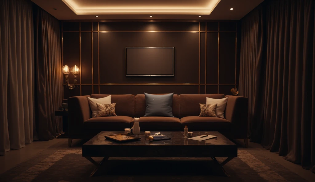 "Create an ultra-realistic 4K nighttime image of a boutique hotel living room, with an extremely luxurious, intimate and sexy at...