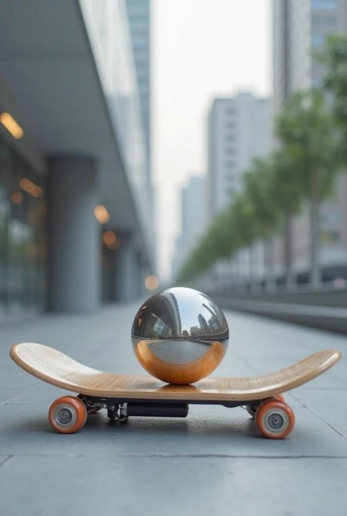 generates an image of a skateboard that, instead of ordinary wheels, has a single wheel in the center in the shape of a ball