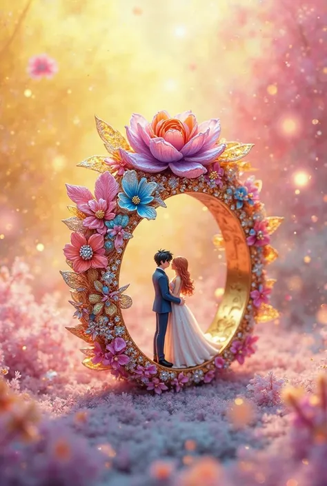 Multiple color yellow and pink ring customized with and flowers and feathers anime couple and diamond and with anime couple 💍 lo...