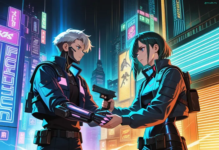 high quality, masterpieces, cyberpunk style, guns fighting scene, beautiful woman in cyber clothes, detailed face, two guns in t...