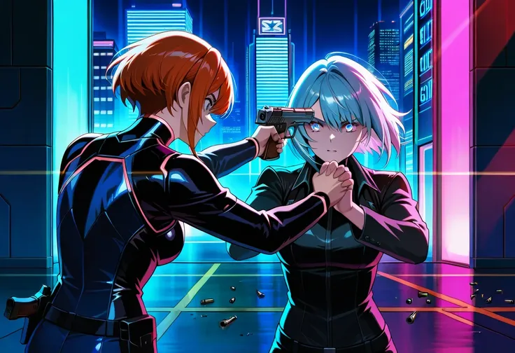 gun fighting scene, beautiful woman in cyber clothes and shooting, detailed face, gun, handgun, shooting bullets, two guns in tw...