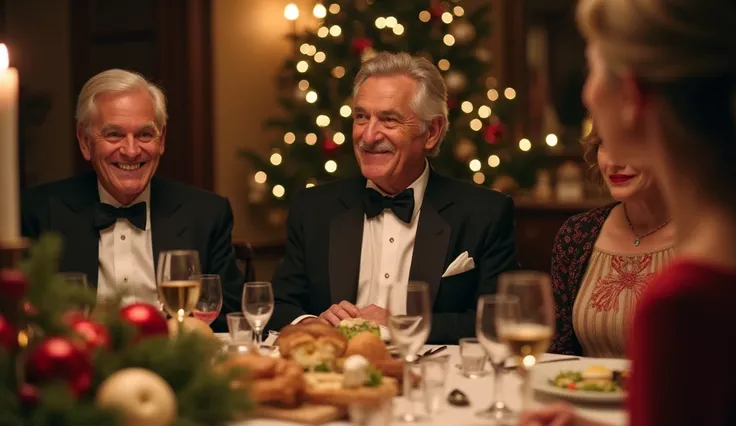 A hyper-realistic, cinematic 4K family Christmas dinner in a lavishly decorated Southern mansion dining room. At the head of the...