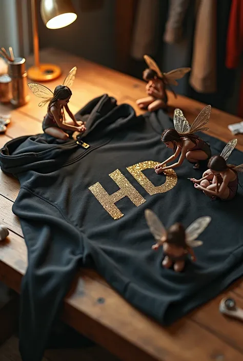 "A stylish black sports tracksuit is neatly laid out on a wooden table, with tiny, incredibly beautiful fairy-like women working...