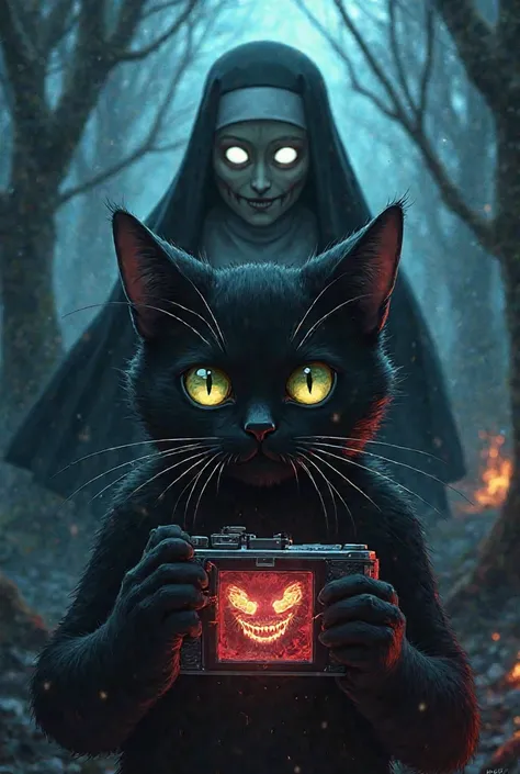 Anime-style, cinematic horror-themed thumbnail. A breathtakingly handsome black anthropomorphic cat with sleek, well-groomed fur...
