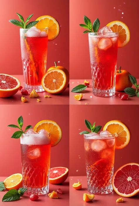 "A seamless collage of four highly realistic images featuring cocktails in a pure, intense bright red color with a bold and stri...