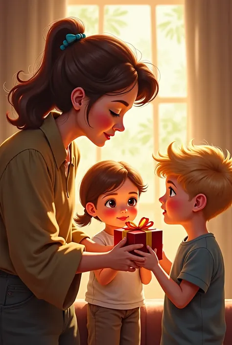 Grandma gives her  granddaughter little brown-haired girl and her  grandson of little blond boys each a small box of courage 