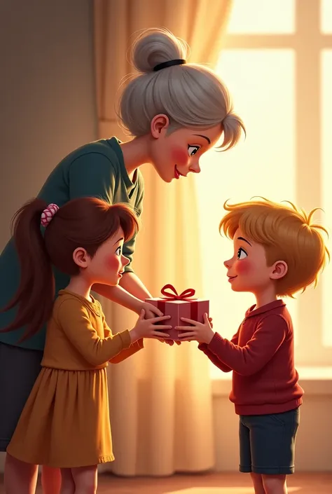 Grandma gives her  granddaughter little brown-haired girl and her  grandson of little blond boys each a small box of courage 