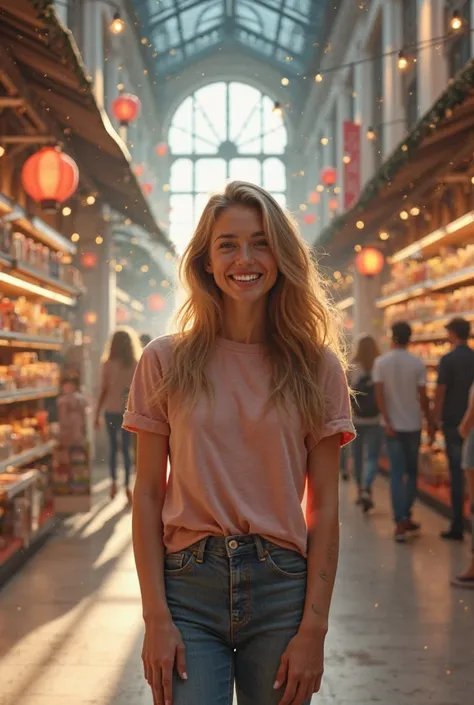 Make me a woman smiling in the middle of a distance in a store