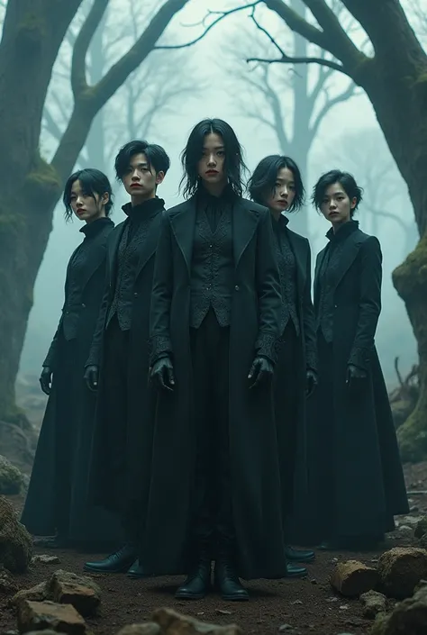 5 member K-pop boy group, eerie vibes, Alice in wonderland style outfits.