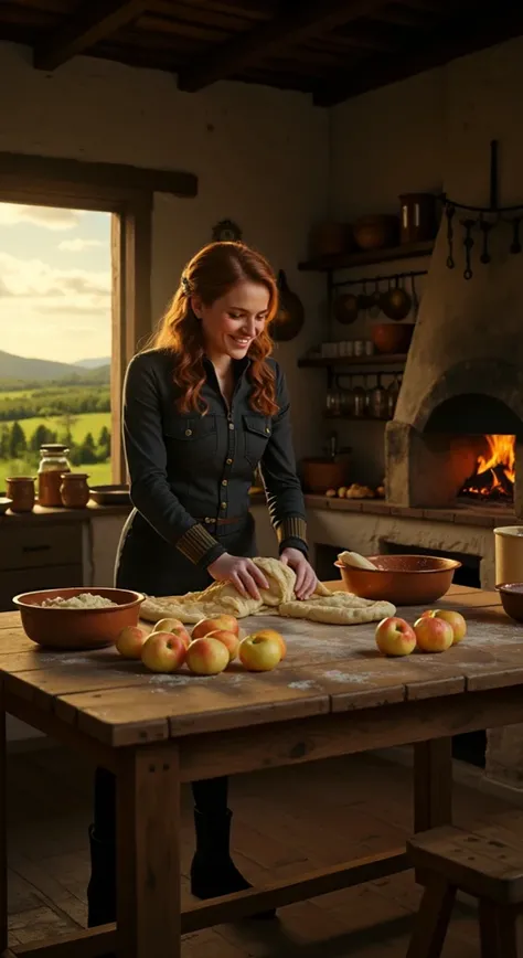 HAPPY AND SMILING KNEADING AN APPLE OF CHEESE BREAD