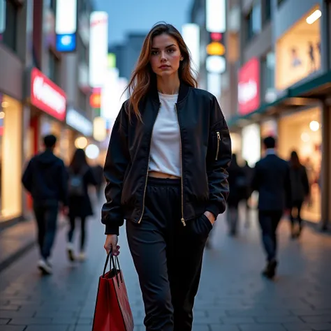 , a 19-year-old woman walking through Ginza district, wearing street clothes. Stylish outfit consisting of a bomber jacket and f...