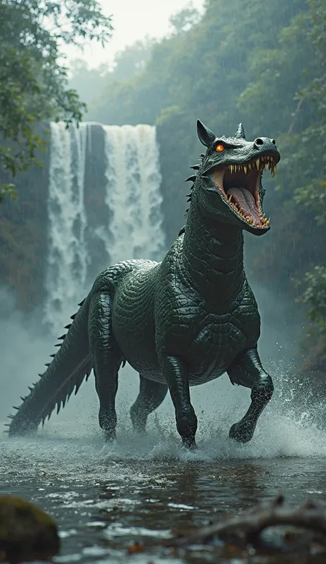 A terrifying super hybrid fusion of a horse and a crocodile stands in the same misty waterfall river, its monstrous form radiati...