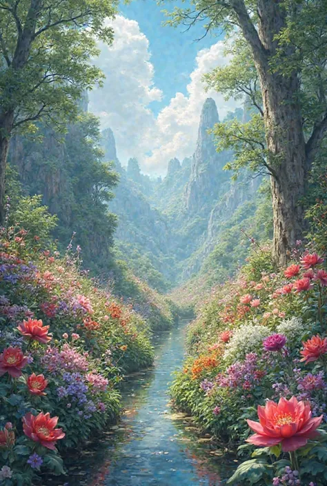 Space nature, beautiful with many flowers, garden full of flowers, heavenly style paradise, no river without water, only heavenl...
