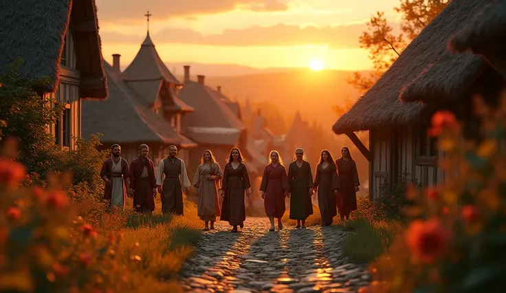 An inspirational medieval scene of a Slavic village during sunset, with people in traditional clothing interacting joyfully. Cin...