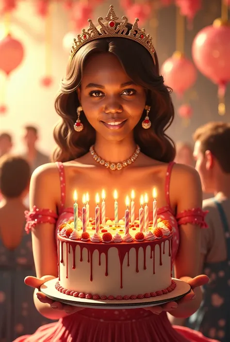 I want to look like a woman festive and holding a birthday cake