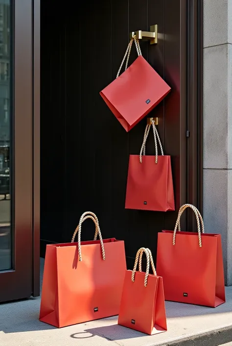 A collection of luxury shopping bags in an elegant different color with minimalist black branding, placed against a modern, indu...