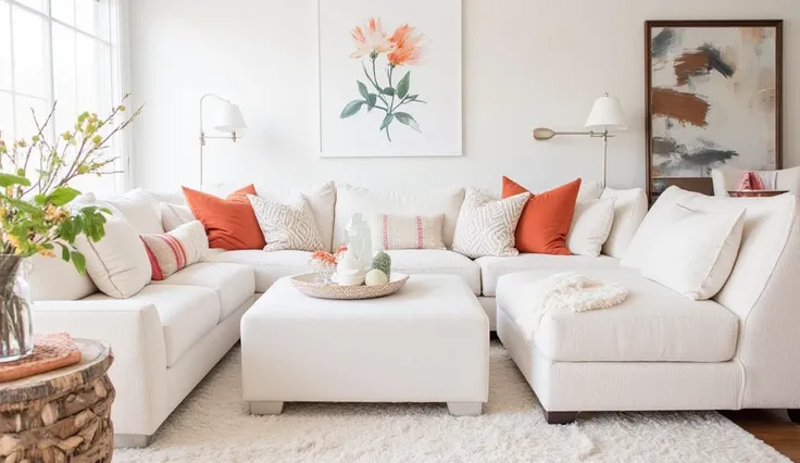 A minimalist living room with a plush white sofa, dressed in colorful throw pillows and rustic flower arrangements. Abstract wal...