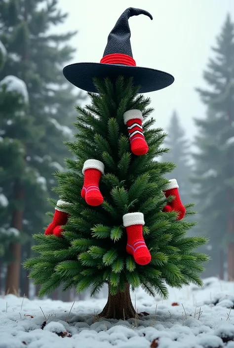 fir tree with red socks and witch's hat