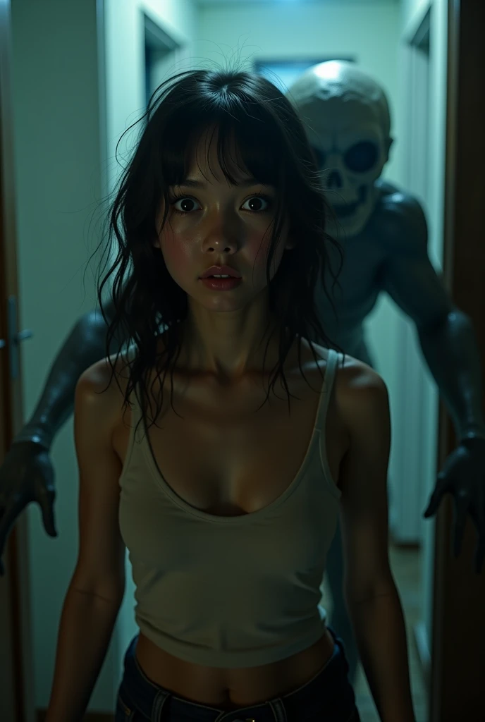 scared young girl, in haunted house, cleavage, tank top, creature behind her