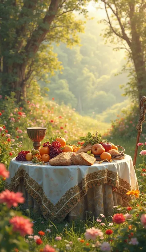 A table full of fruits and bread, placed in a flowery field, with an overflowing cup and a staff next to it, representing "You p...