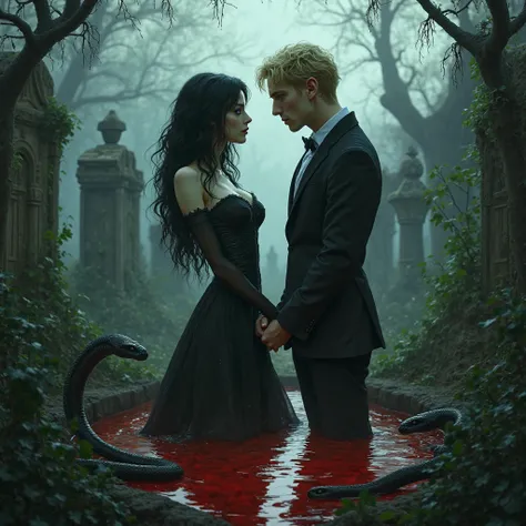 Create an image of a sexy female vampire she has black hair and green eyes next to her is a vampire man he has blond hair and bl...