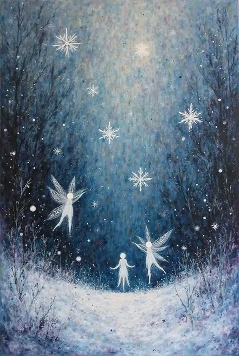 Abstract painting, black, Violet, white , dark navy blue , snowing sadness coldness , snowflakes , sad fsiries broken dreams