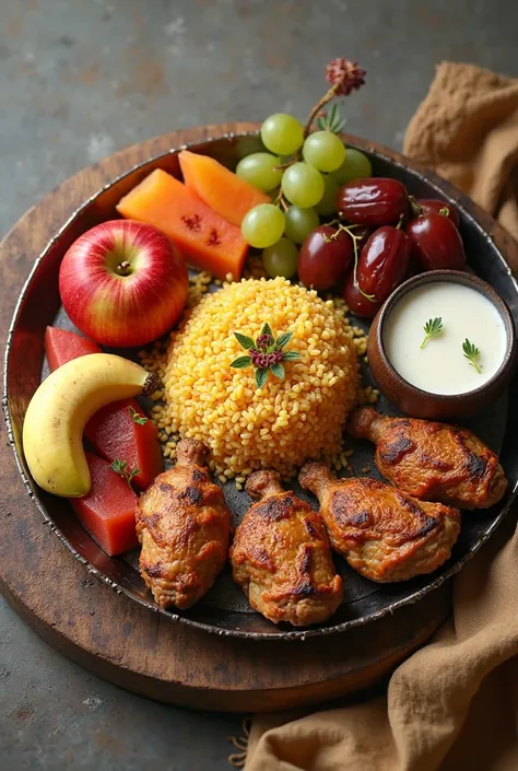 Create a iftar thali image with 1 piece apple,2dates,4 graps, 2 pieces watermelon,1 banana, polao 200 gm, chicken 3 pieces , khe...