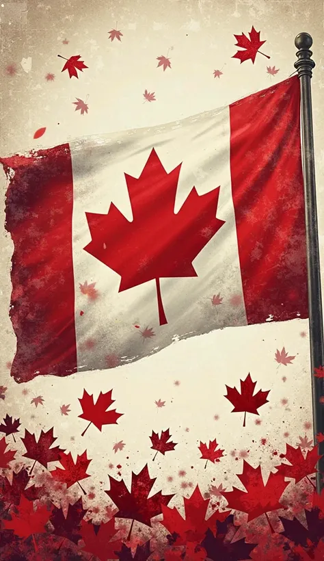 An illustration of a Canadian flag in vertical with a grunge texture. The flag has a red and white color scheme. There are scat...