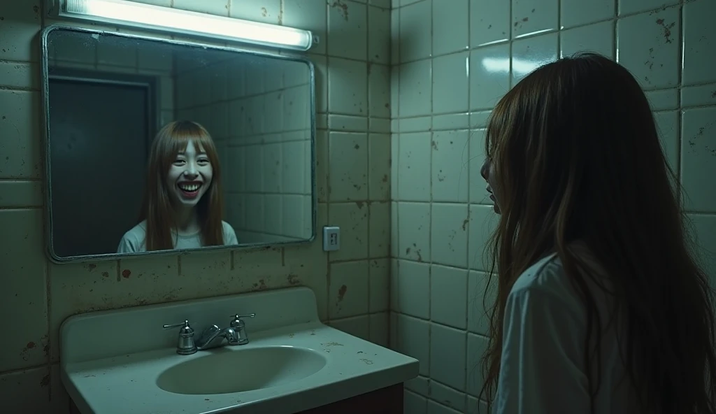 An ultra-realistic scene from a dimly lit Japanese school bathroom, with flashing fluorescent lights intermittent. The environme...