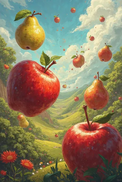 Généré moi une image de pomme qui se battent contre des poire mes les pomme on gagne

