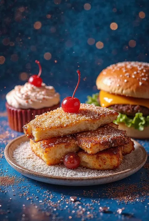 Dessert and fish and burger and the background, red and royal blue with glitter cover book