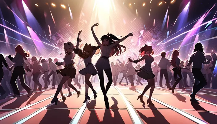 1. A group of people dancing briskly in a nightclub. "Dance floor frenzy",cat ear