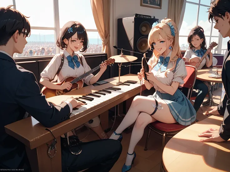 A music band where women gathered、They are playing each instrument on stage、