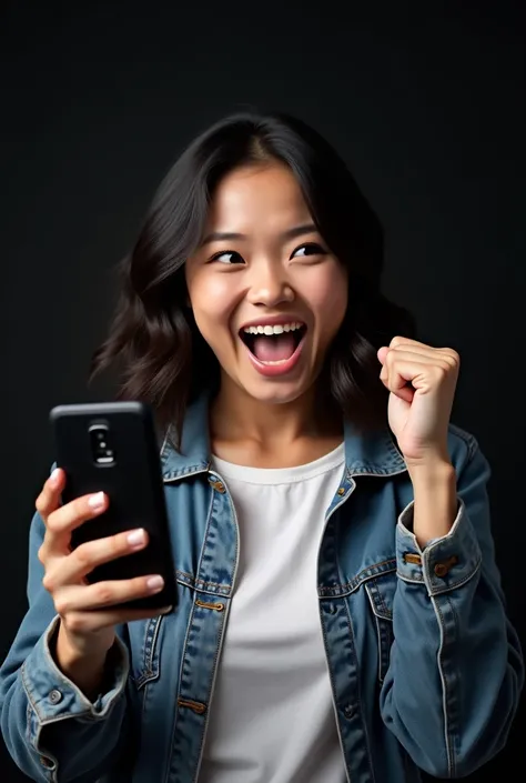 A cool young Filipino lady, 22-26 years old, with shoulder-length wavy black hair and warm brown eyes, wearing a trendy denim ja...