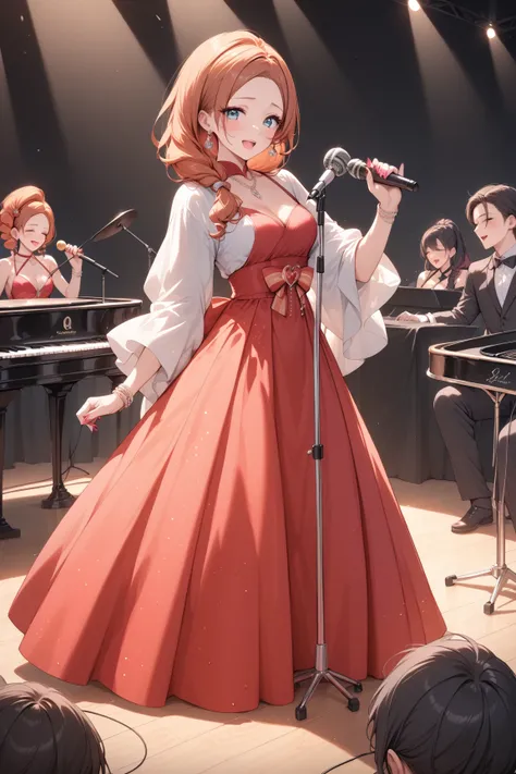 (masterpiece, super detailed, moody atmosphere), beautiful japanese jazz singer(sad expression), singing on stage(one mic), r...