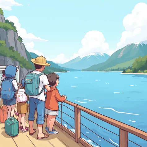 simple hand-drawn illustration “Level s can draw”、Travelers admiring the scenery on the ferry deck、Clear Colours 、2D illustratio...