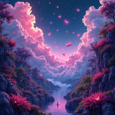 neon colorful clouds, wrapped with neon glowing plants and flowers , and very small birds flying around, dreamlike vibes, glowin...